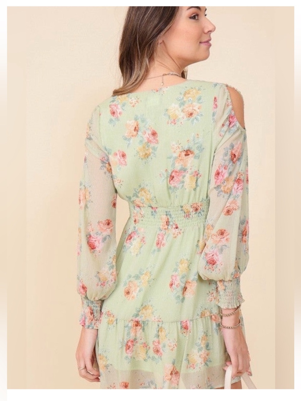 Floral V-Neck Green Mini Dress - Picture 2 of 7